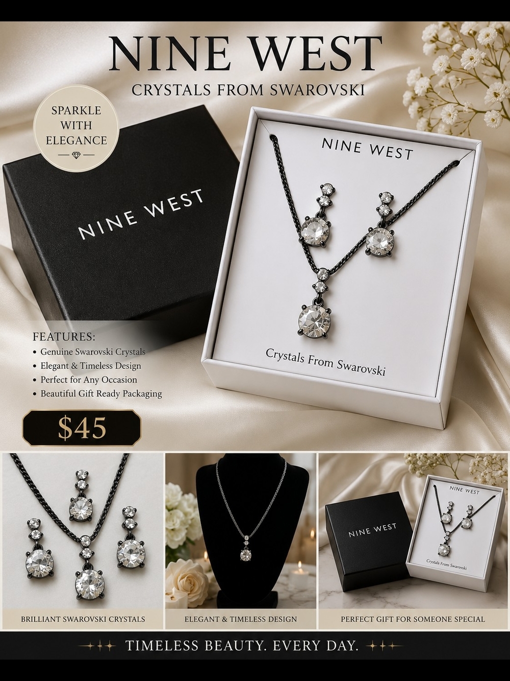 Nine West Black Chain with Clear Crystal Pendant Necklace & Earring Set
